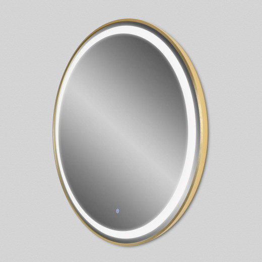 Elara LED Frontlit 36” Round Mirror with Gold Frame - MM-36-G-FRONT - shown lit from a three-quarter view to the left Elara LED Frontlit 36” Round Mirror with Gold Frame - MM-36-G-FRONT - shown lit from a three-quarter view to the left