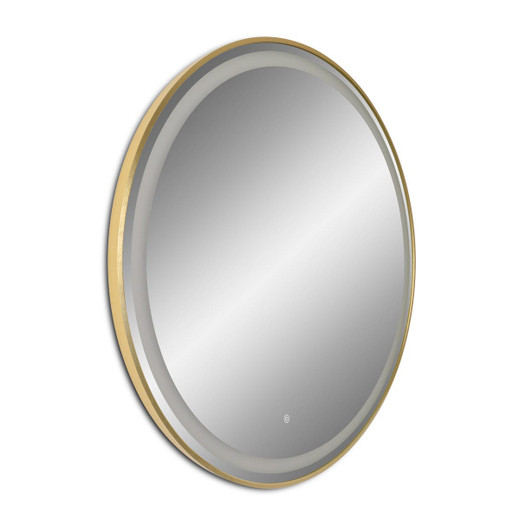 Elara LED Frontlit 36” Round Mirror with Gold Frame - MM-36-G-FRONT - shown unlit from a three-quarter view to the right Elara LED Frontlit 36” Round Mirror with Gold Frame - MM-36-G-FRONT - shown unlit from a three-quarter view to the right