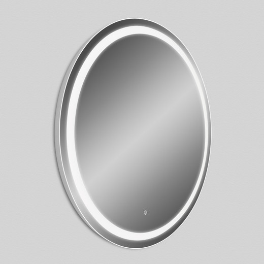 Nira LED Frontlit 36" Round Mirror shown lit from a three-quarter angle Nira LED Frontlit 36" Round Mirror shown lit from a three-quarter angle