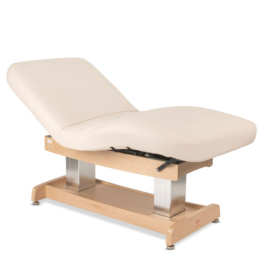 Waves Multi-Tilting Electric Spa Massage Table in Beige shown three-quarter to the right with back and legs partially raised