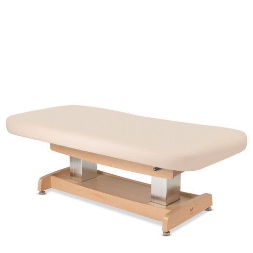 Zenith Flat Electric Spa Massage Table in Beige shown from three-quarter angle to the right lowered to the lowest setting