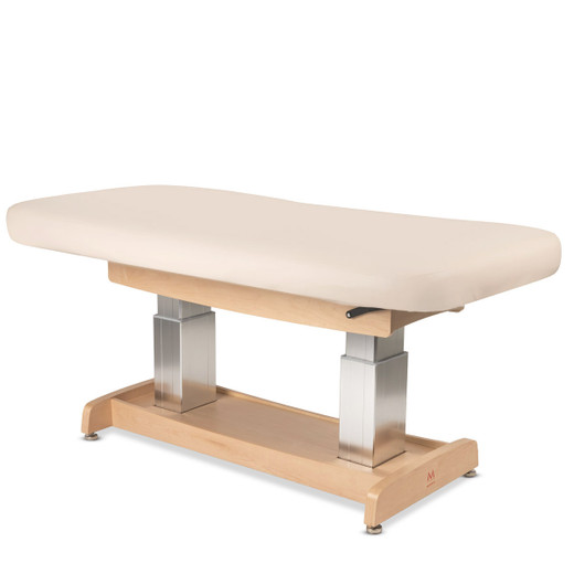 Zenith Flat Electric Spa Massage Table in Beige shown from three-quarter angle to the right raised to the highest setting