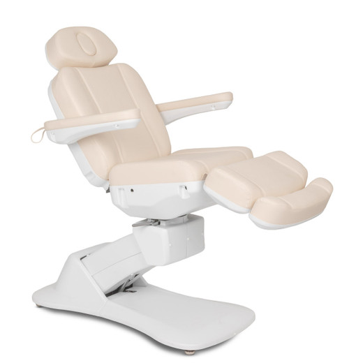 Sterling Electric Facial Bed shown from three-quarter view to the right elevated and tilted back with feet raised