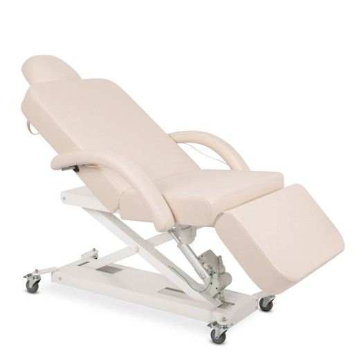 Eden Electric Facial Bed in Beige shown from three-quarter view to the right with back and legs partially raised