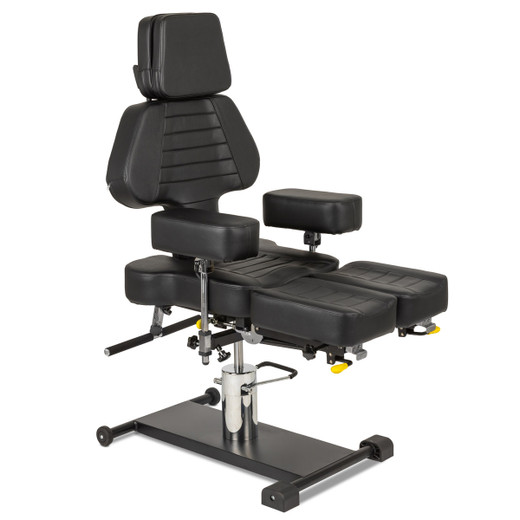 Nova Hydraulic Multifunction Tattoo Chair in Black from three-quarter view to the right with back up and legs extended Nova Hydraulic Multifunction Tattoo Chair in Black from three-quarter view to the right with back up and legs extended