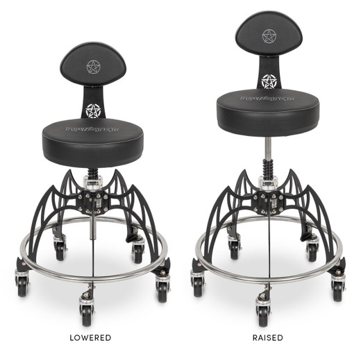 Dracula-Vlad Rolling Stool with Backrest in black shown fully lowered and raised