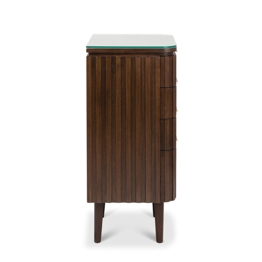 Brixton Pedestal Styling Station in Walnut with Gold Hardware shown from the right side Brixton Pedestal Styling Station in Walnut with Gold Hardware shown from the right side