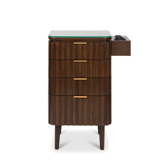 Brixton Pedestal Styling Station in Walnut with Gold Hardware shown from the front Brixton Pedestal Styling Station in Walnut with Gold Hardware shown from the front