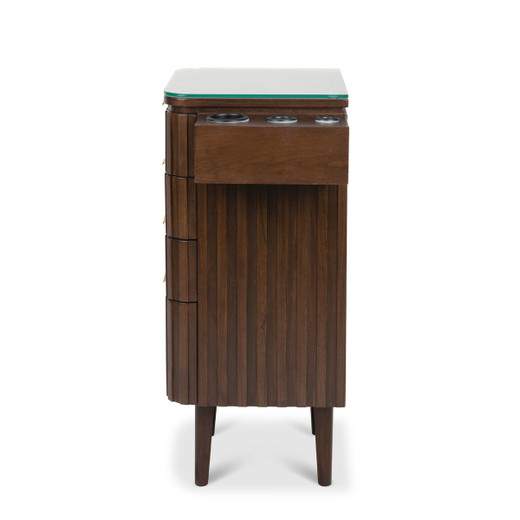 Brixton Pedestal Styling Station in Walnut with Gold Hardware shown from the left side Brixton Pedestal Styling Station in Walnut with Gold Hardware shown from the left side