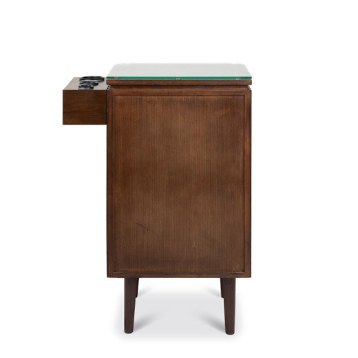 Brixton Pedestal Styling Station in Walnut with Gold Hardware shown from the back Brixton Pedestal Styling Station in Walnut with Gold Hardware shown from the back