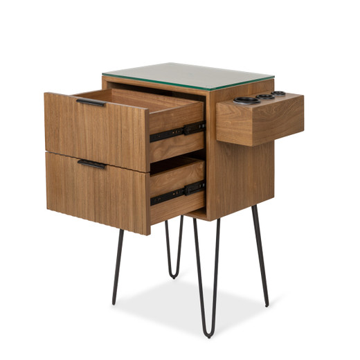 Tate Styling Station in Antique Umber with Hairpin Legs or Wall-Mounted shown from three-quarter angle to the left with drawers open Tate Styling Station in Antique Umber with Hairpin Legs or Wall-Mounted shown from three-quarter angle to the left with drawers open