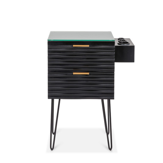 Nalu Styling Station in Black with Gold Handles with Black Hairpin Legs or Wall-Mounted shown from the front Nalu Styling Station in Black with Gold Handles with Black Hairpin Legs or Wall-Mounted shown from the front