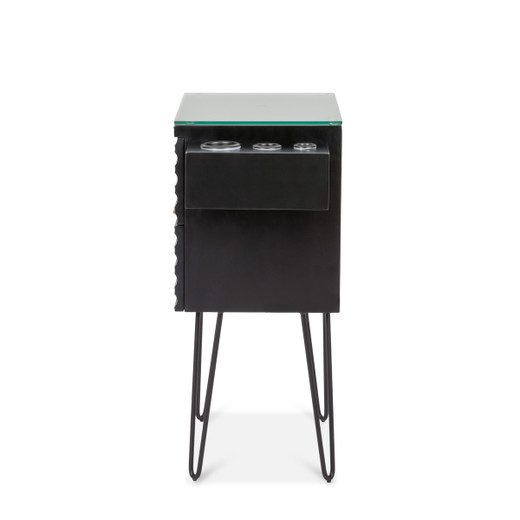 Nalu Styling Station in Black with Gold Handles with Black Hairpin Legs or Wall-Mounted shown from the side Nalu Styling Station in Black with Gold Handles with Black Hairpin Legs or Wall-Mounted shown from the side