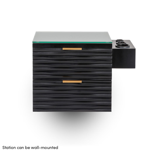 Nalu Styling Station in Black with Gold Handles with Black Hairpin Legs or Wall-Mounted shown from the front wall-mounted Nalu Styling Station in Black with Gold Handles with Black Hairpin Legs or Wall-Mounted shown from the front wall-mounted