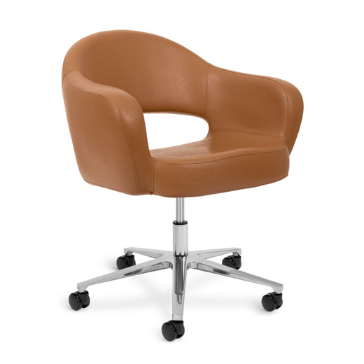 Lunet  Rolling Technician Chair in toffee shown from three-quarter angle to the right with rolling 5-star black base