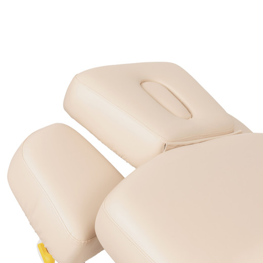 Zenith Flat Electric Spa Massage Table with Face Cradle and Armrest in Beige showing headrest with tilting arms