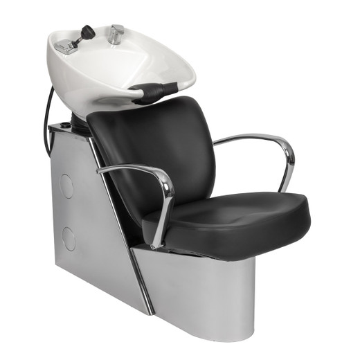 Vantage Stainless Steel Shampoo System with Side-Plumbing Access and White Bowl shown from three-quarter angle to the right