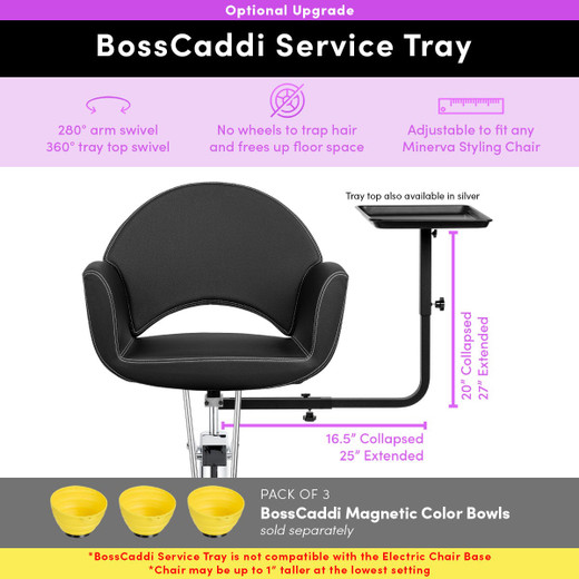 Greta salon styling chair in black shown with optional service tray attachment