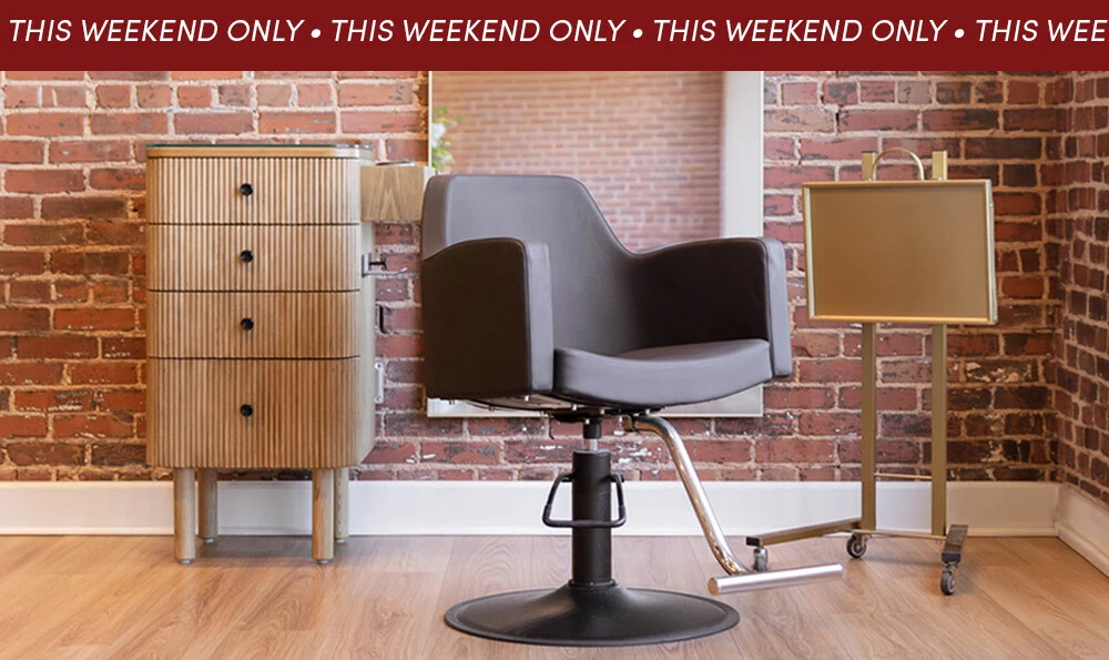 Knoll styling stations in black with saddle Venturi styling chairs and gold Avalon LED mirrors
