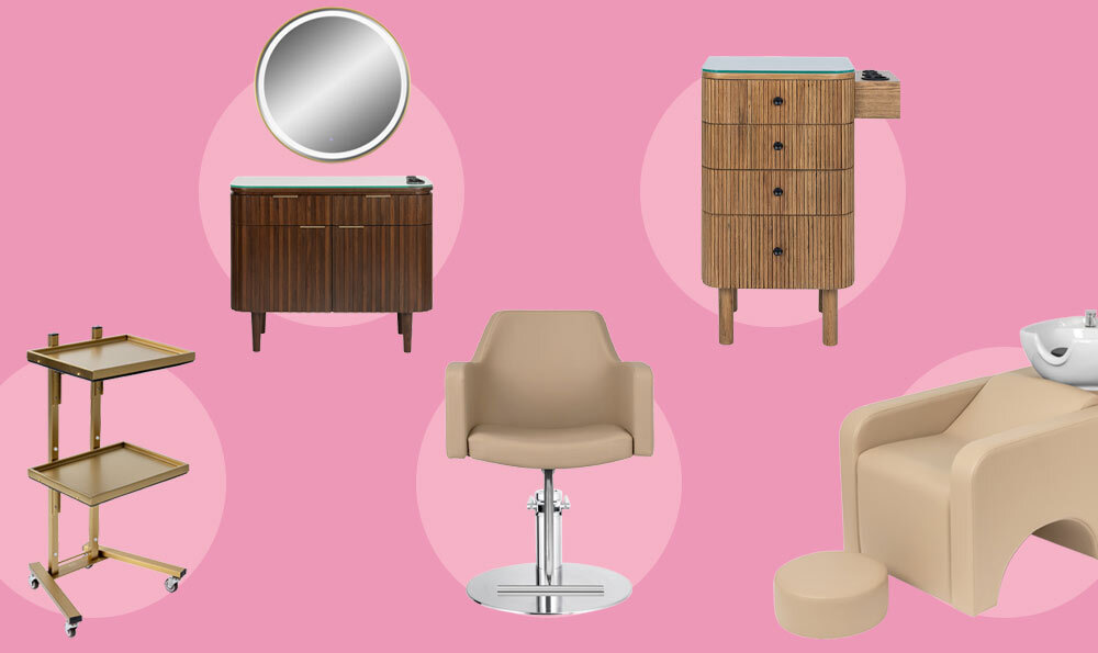 Salon head spa system, salon and spa tech stool, salon and spa folding cart, styling chair, styling station, hair color processor, and salon cart
