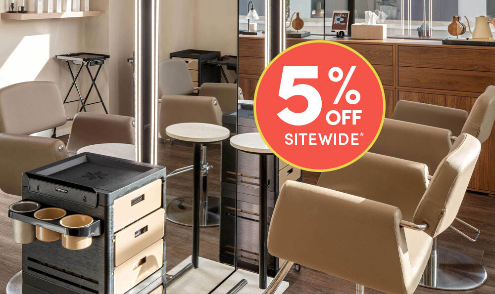Black and beige mobile salon carts with color storage, appliance rings, and drawer storage next to LED salon mirrors and beige salon styling chairs in a salon