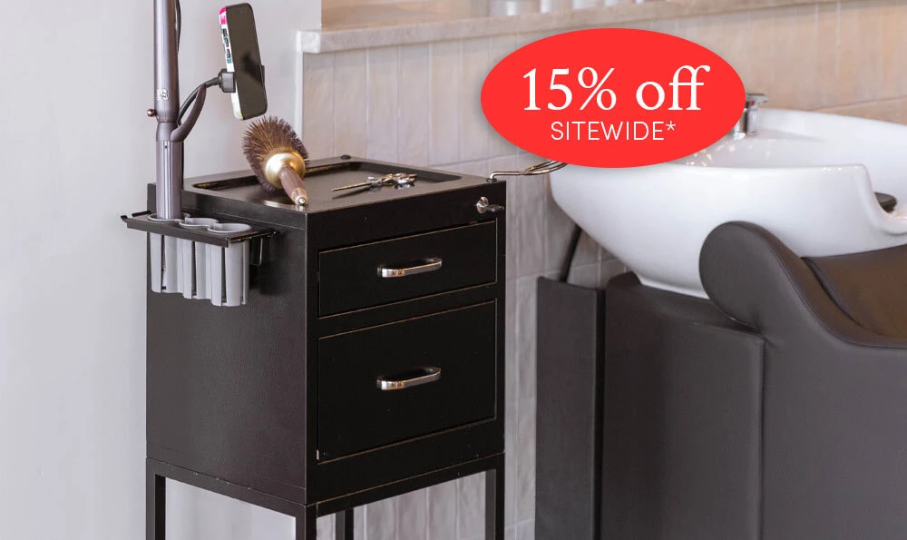 Spazio salon cart with storage and iPhone mount next to bark brown Avant shampoo system