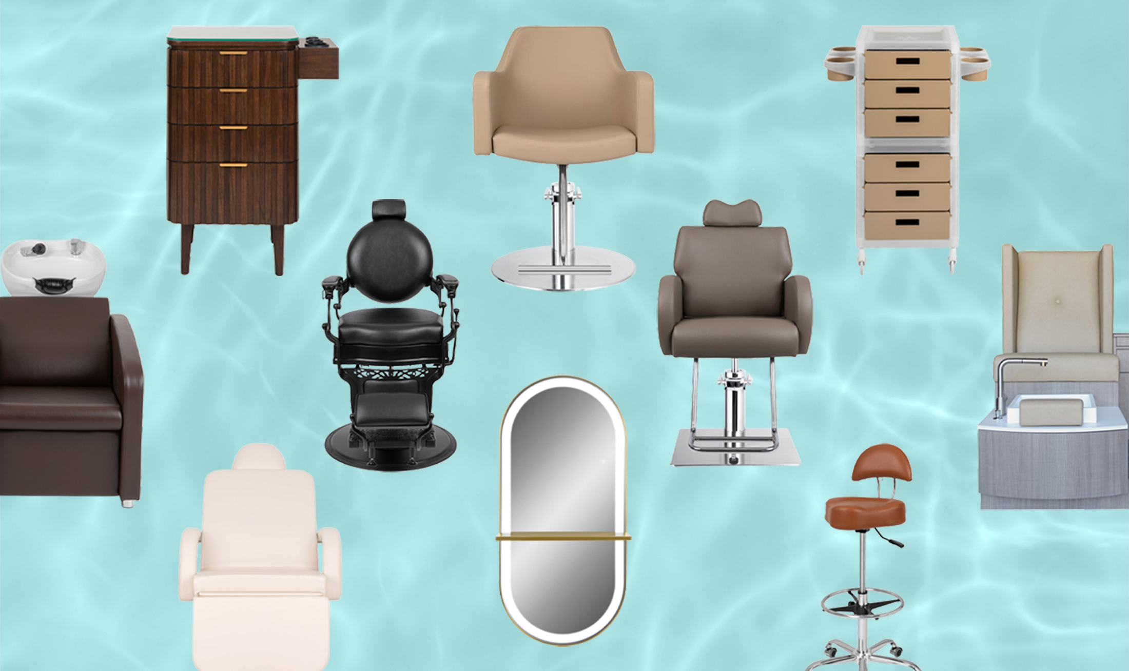 Salon head spa system, salon and spa tech stool, salon and spa folding cart, styling chair, styling station, hair color processor, and salon cart