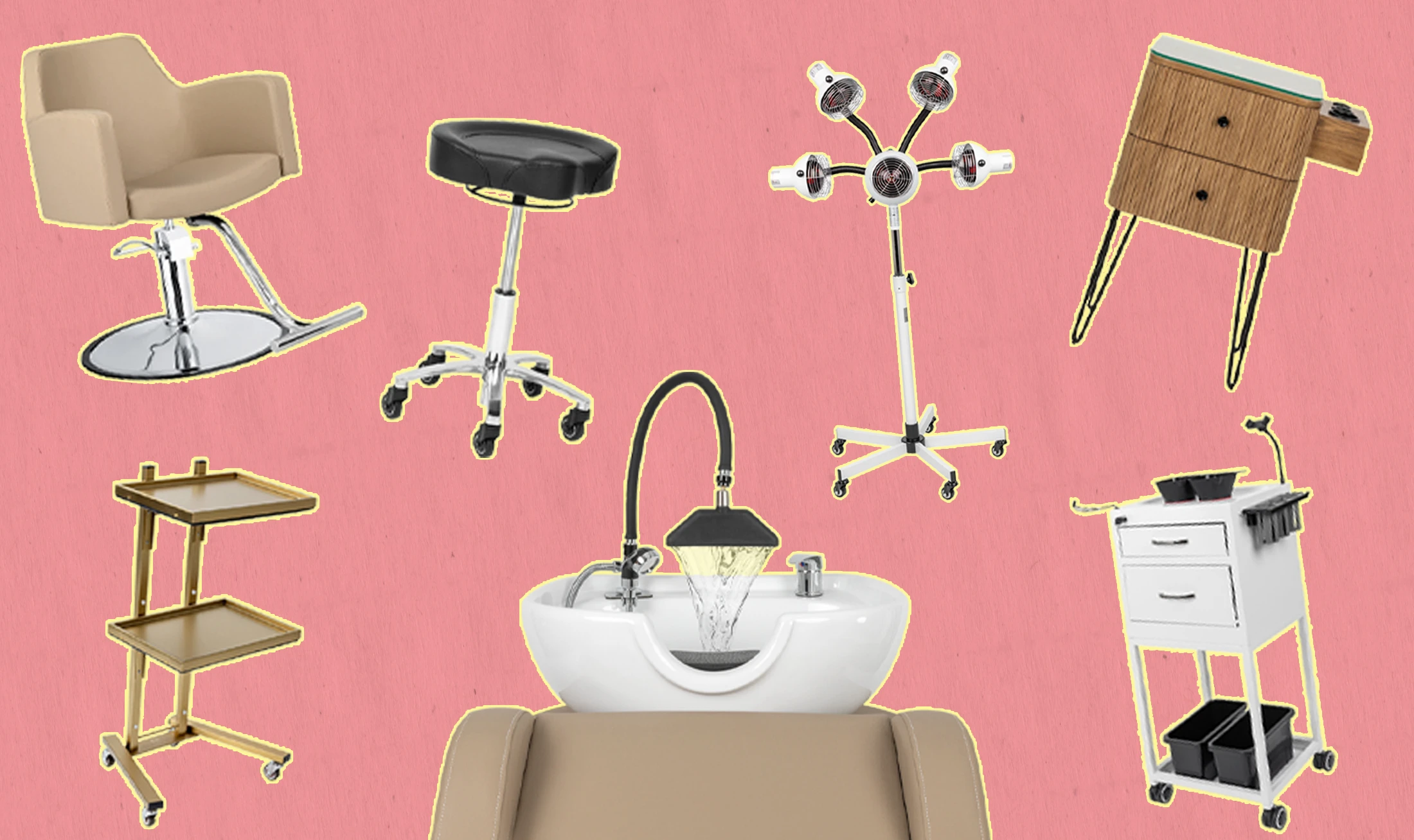 Salon head spa system, salon and spa tech stool, salon and spa folding cart, styling chair, styling station, hair color processor, and salon cart