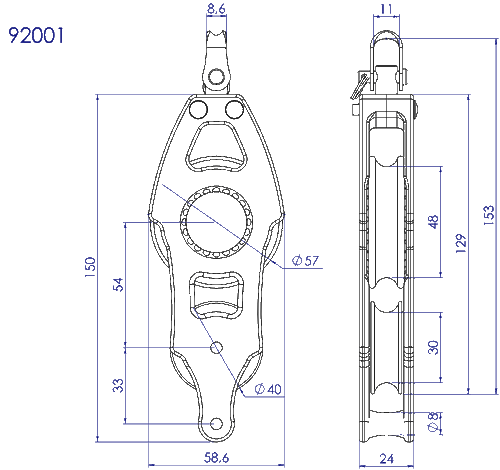 92001 - Fiddle Swivel with Becket- Sailboat Block