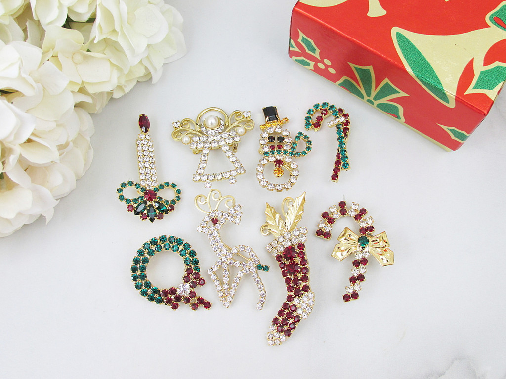 Christmas Pins Made With Swarovski Crystals - Eight Styles To Choose From