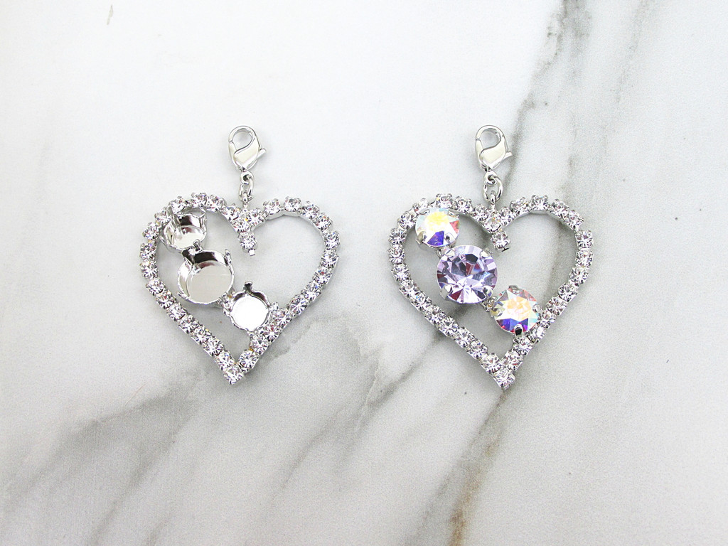 8.5mm (39ss) & 11mm Large Heart Empty Necklace Enhancer With Crystal Rhinestones Rhodium detail view