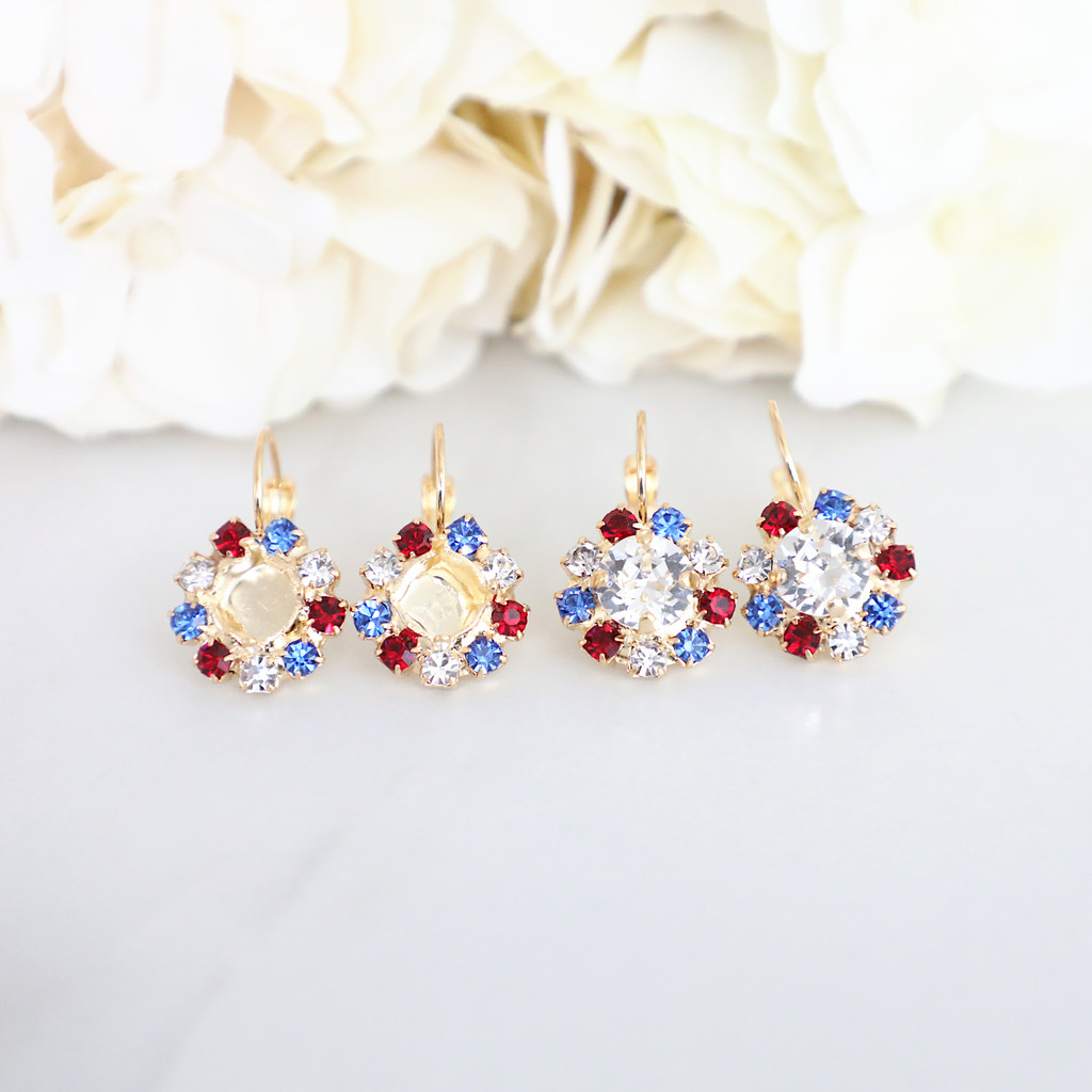 8.5mm | Patriotic Crystal Halo Earrings | One Pair