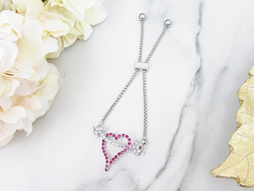 Pink Heart With Arrow Crystal Rhinestone Slider Bracelet | One Piece