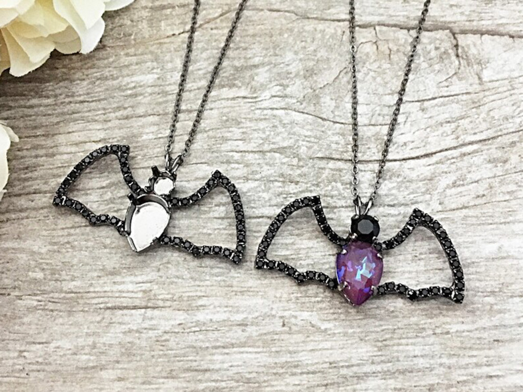 Jet Crystal Rhinestone Medium Bat Necklace