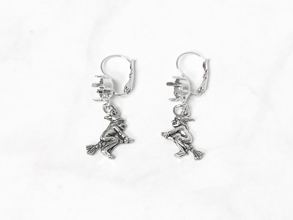 8.5mm | One Setting Drop & Witch on Broomstick Charm Earrings | One Pair