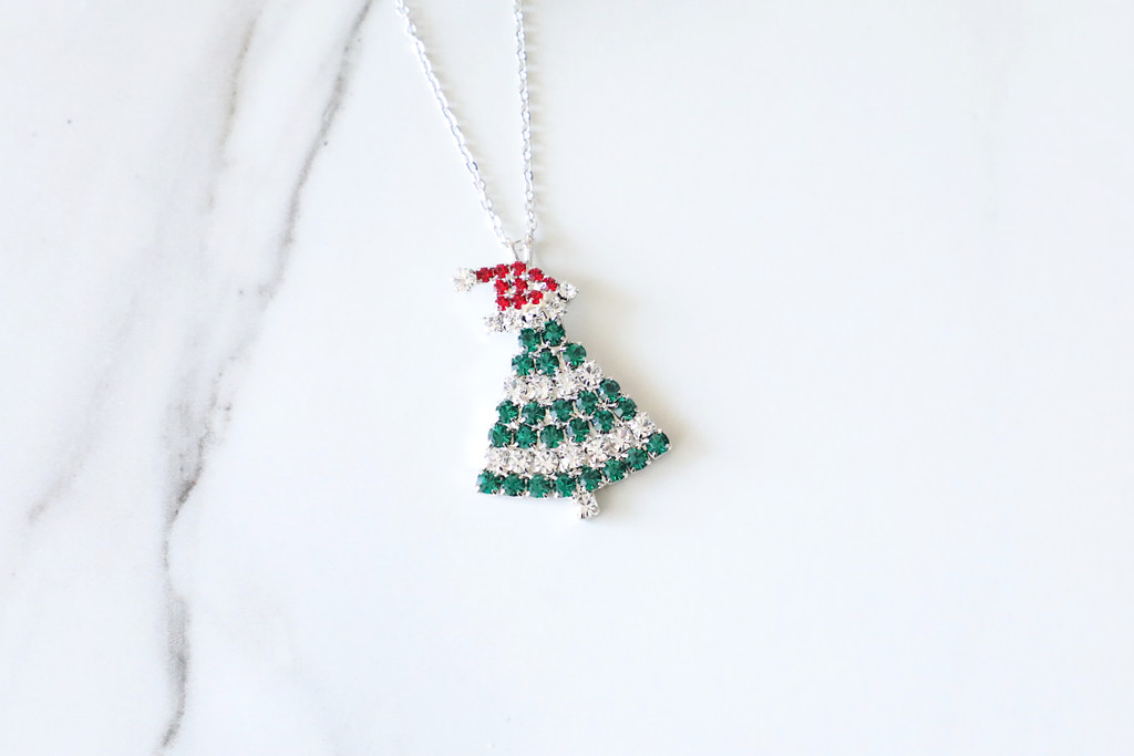 Christmas Tree With Santa Hat Rhinestone Necklace | One Piece