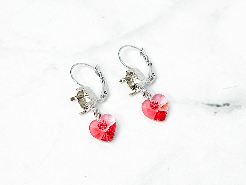 8.5mm | Indian Pink Crystal Heart Drop Earrings | One Pair