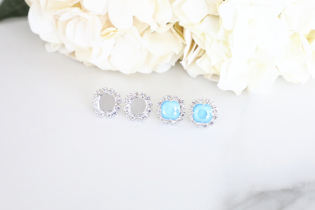 10mm Square | Crystal Halo Stud Earrings | One Pair