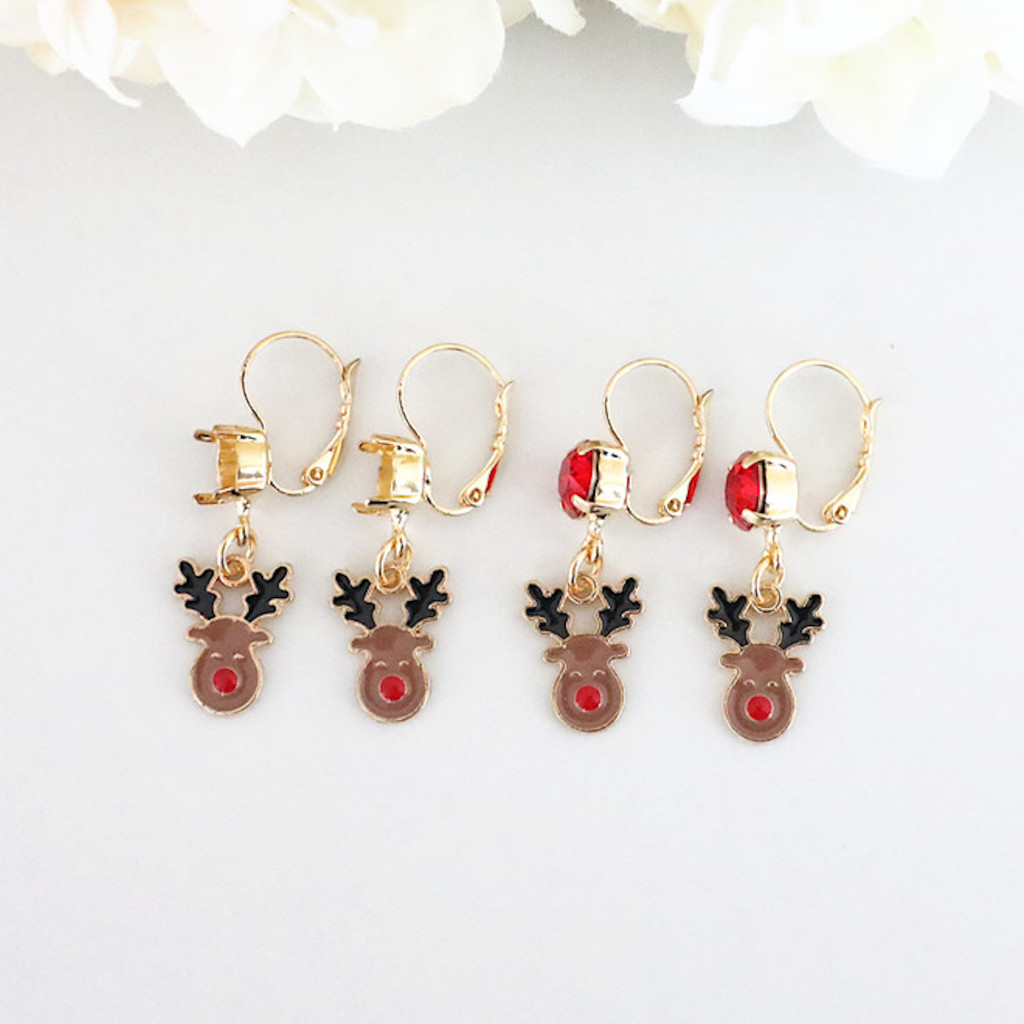 8.5mm | One Setting Drop & Reindeer Enamel Charm Earring | One Pair