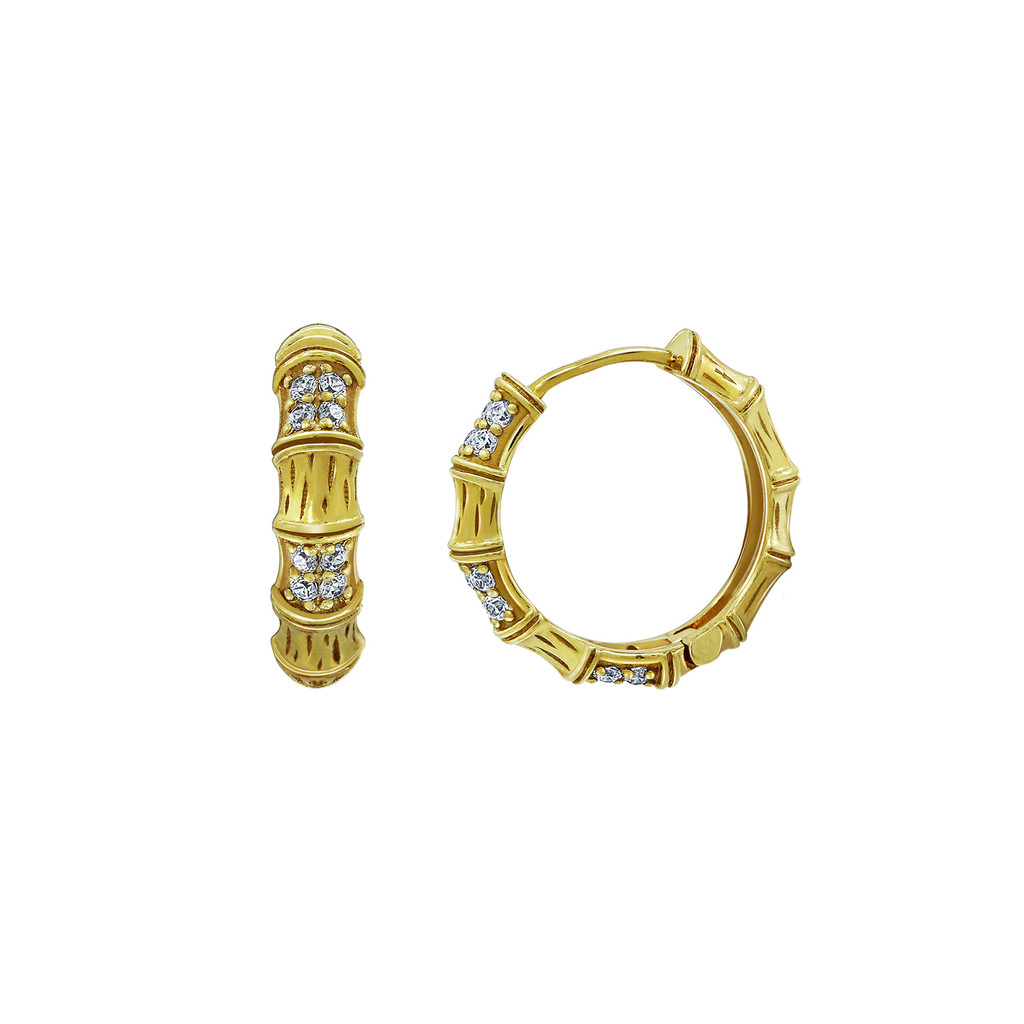 CZ Textured Bamboo Huggie Hoop Earrings