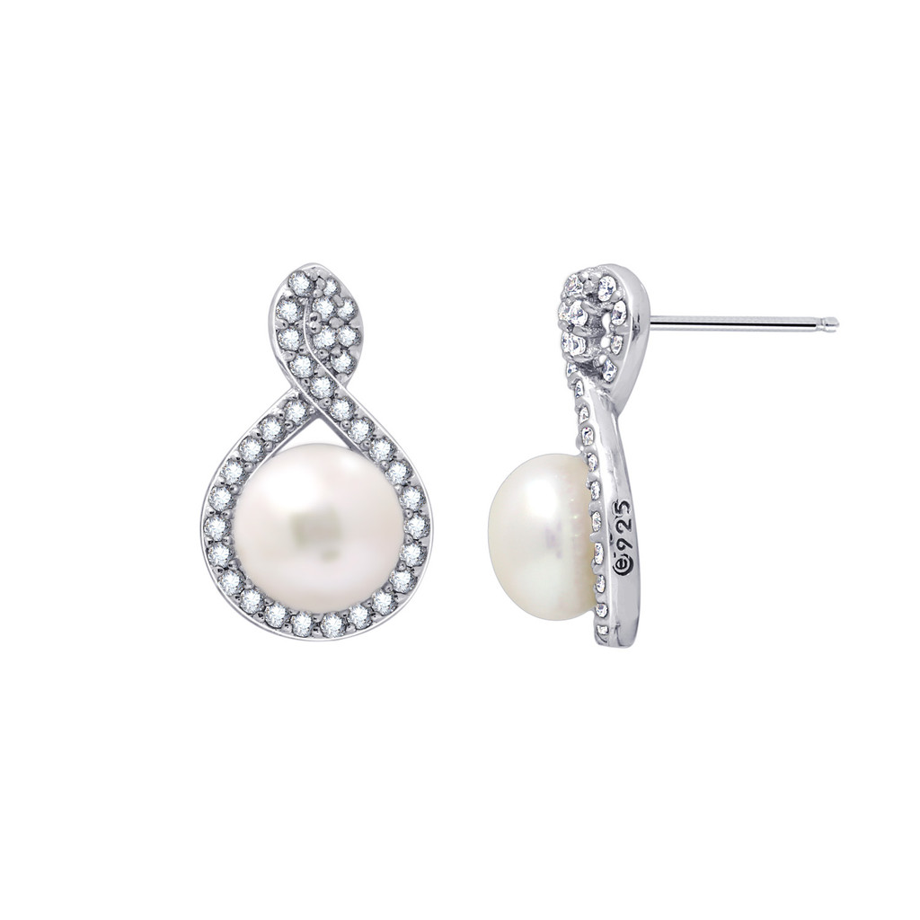 CZ and Freshwater Pearl Dangle Stud Earrings