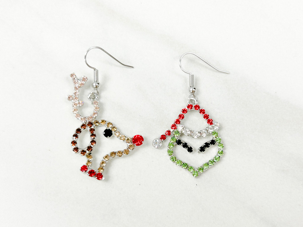 Grinch & Dog Crystal Rhinestone Wire Earrings | One Pair