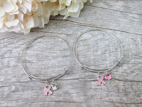 Breast Cancer Awareness Ribbon Charm Bangle Bracelet, view 2