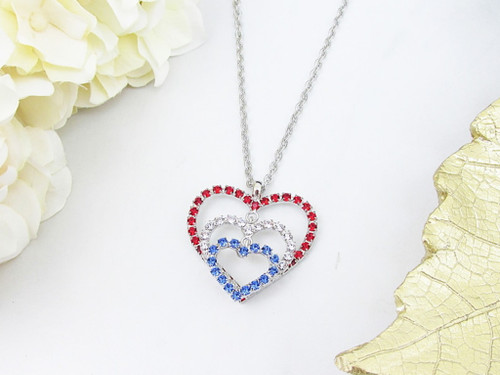 Patriotic Triple Heart Crystal Rhinestone Necklace | One Piece