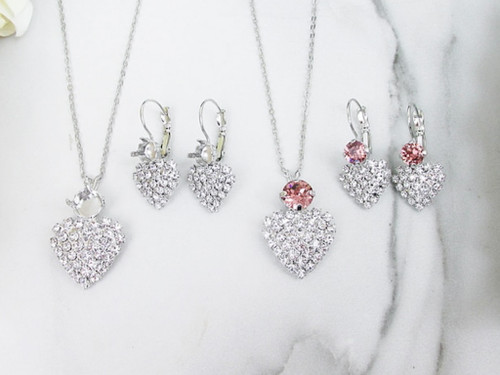 6mm & 8.5mm | Crystal Rhinestone Heart Earring And Necklace | One Set