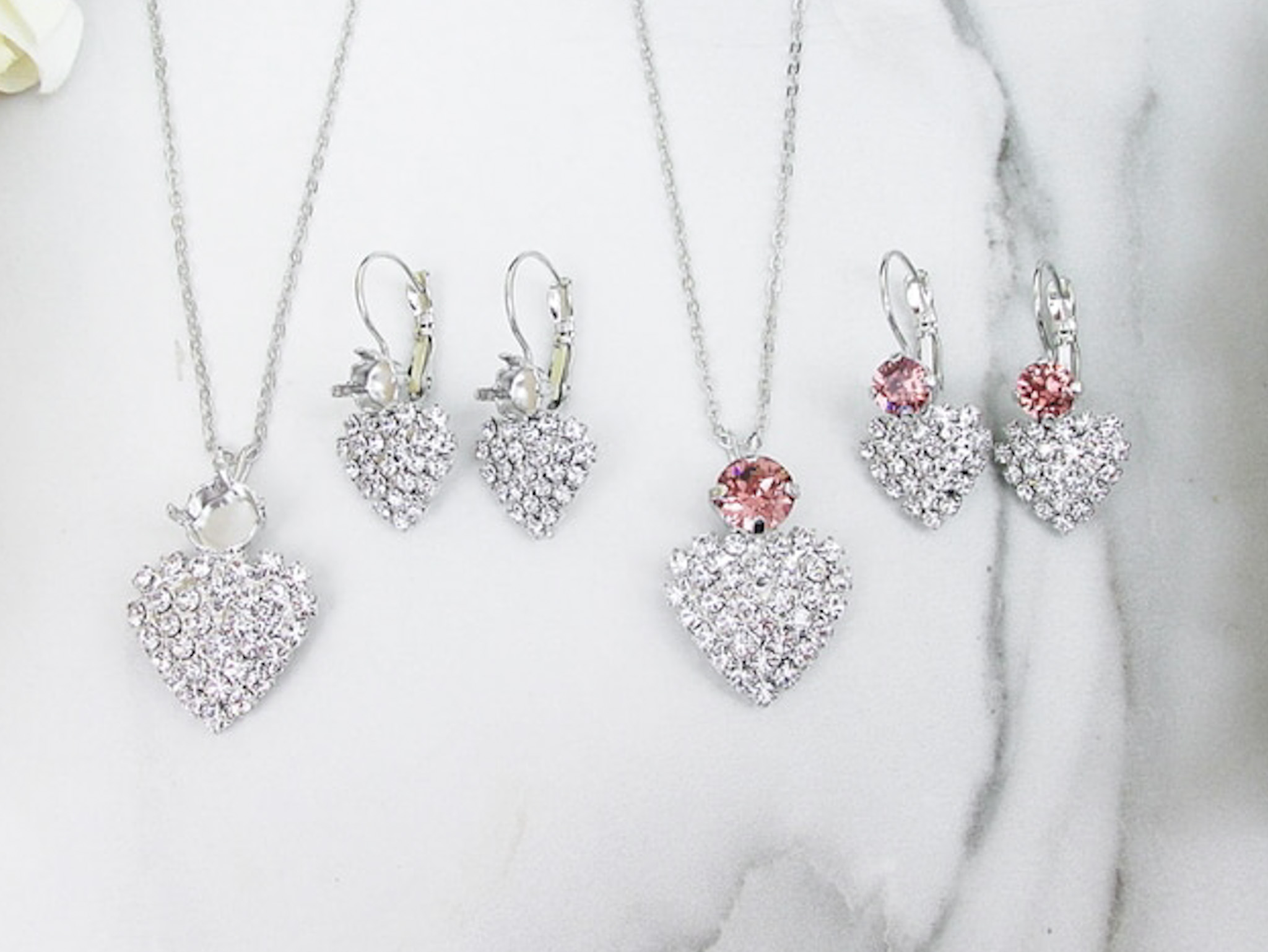 ★ROSEMONT★ Silver Heart Pearl Earrings Necklace Set RC24B0 Princess' Bow and Crystal Heart Silver Earrings With Pearl