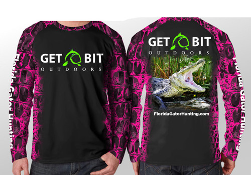 Get Bit Angry Gator Long Sleeve Performance T-shirt - Pink and Black