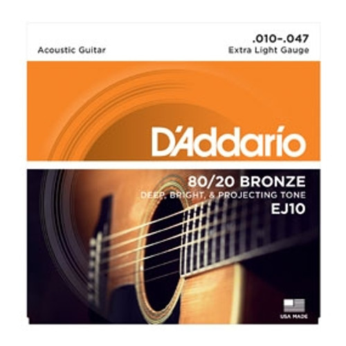 D'addario EJ10 80/20 Bronze Acoustic Guitar Strings, Extra Light, 10-47