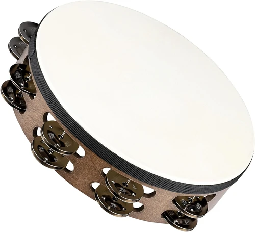 Meinl Percussion TAH2WB Headed Wood Tambourine - Double Row, Steel Jingles
