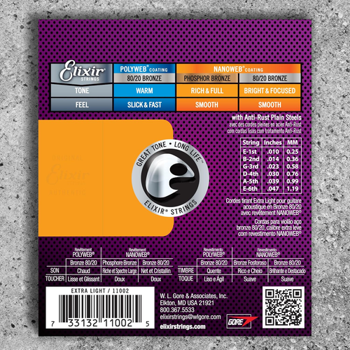 Elixir Nanoweb 80/20 Bronze Acoustic Guitar Strings - Extra Light (10-47)